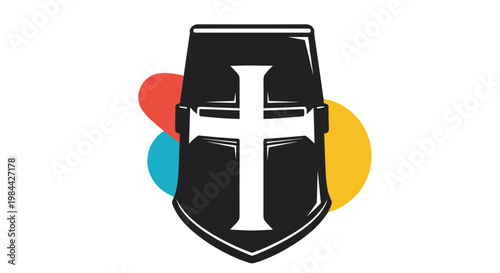 Black and white illustration of a medieval knight helmet featuring a prominent cross design against colorful background blobs.