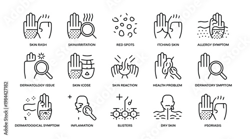 Dermatology icons illustrating skin rash itching allergy inflammation and psoriasis for medical diagnosis and healthcare treatment design