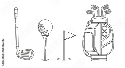 Black and white line art illustration of golf equipment including club, ball on tee, flag, and golf bag.
