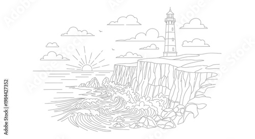 Detailed line art of a lighthouse on rocky cliffs with a sunset and clouds.