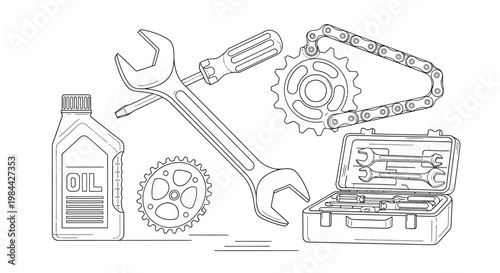 Set of automotive maintenance tools and oil bottle line art illustration.