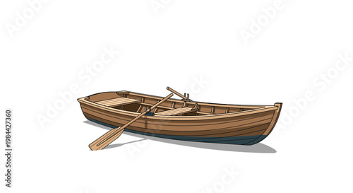 Detailed hand-drawn illustration of a traditional wooden rowboat with two oars resting inside isolated on a clean white background.