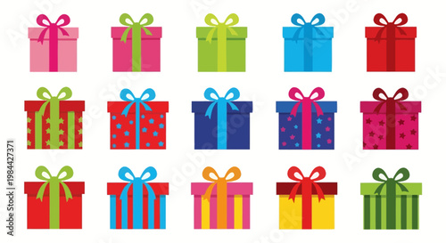 A vibrant collection of colorful gift boxes, perfect for any celebration, wrapped and ready to be given