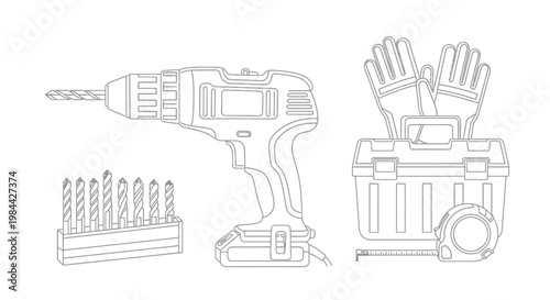 Illustration of cordless drill with drill bits and tool belt with gloves and measuring tape.