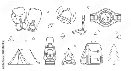 Line art collection of camping and outdoor adventure icons including tent and campfire.