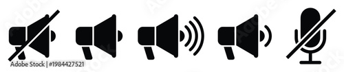 Collection of black silhouette megaphone and microphone icons depicting mute, sound on, and volume levels for user interface and communication applications.