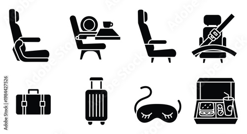 Collection of essential travel and airline service icons for web and print applications covering passenger comfort, luggage, and inflight amenities for commercial use