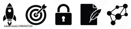 Set of modern black glyph icons representing business concepts such as startup launch, goal achievement, data security, content creation, and global networking for corporate presentations
