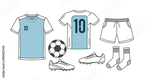 Set of soccer uniform and equipment including jersey shorts cleats socks and ball.