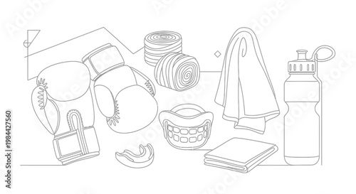 Line drawing of various gym and fitness accessories including gloves, water bottle, towel, and resistance bands.