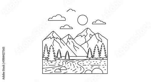 Black and white line drawing of a mountainous landscape with pine trees and a flowing river under a sunny sky.
