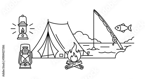 Black and white line art illustration of camping scene with tent, campfire, fishing rod, and lanterns.
