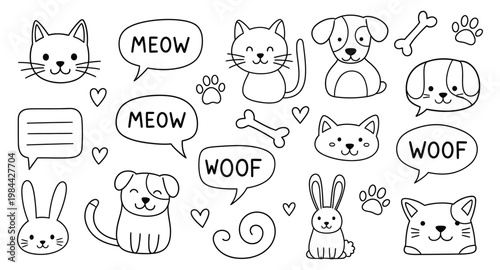 Charming doodle collection of cats dogs and related elements in a playful hand drawn style
