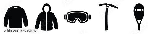 Winter sports equipment and apparel icons for cold weather activities and outdoor adventure, perfect for website graphics and informational designs
