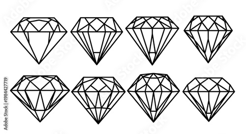 Collection of eight different diamond cut outlines and facets, showcasing variations in gemstone faceting styles