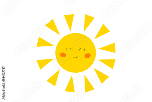 Cute kawaii yellow sun character with happy smiling face, rosy cheeks, and triangle-shaped rays, vector illustration on a white background
