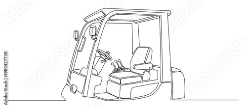 Single line drawing of an industrial forklift cabin showcasing a steering wheel, operator seat, and control levers, perfect for machinery schematics and equipment operation visualization