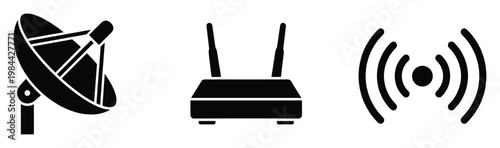 Modern communication technology symbols representing global data transmission wireless connectivity internet networking and digital broadcasting for various media applications