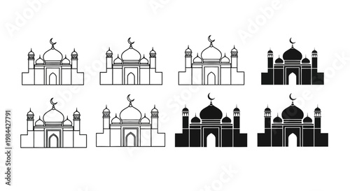 Collection of mosque icons. Traditional Islamic architecture with domes and crescent moon symbols. Outline and solid silhouette styles for religious and cultural design