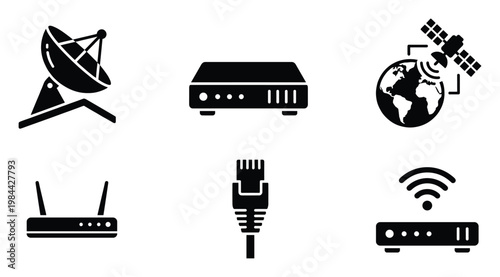 Essential internet communication icons depicting network devices, global connectivity, satellite systems, and wired connections for digital media projects.