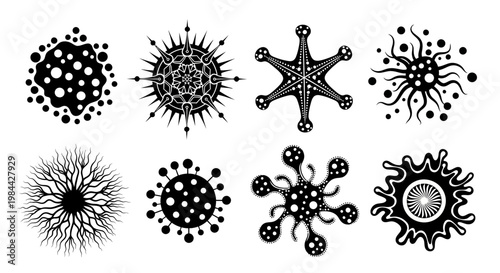 Collection of abstract circular and starburst graphical elements representing microscopic organisms and viruses