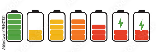 Colorful battery level status icons displaying full to low energy with charging lightning.
