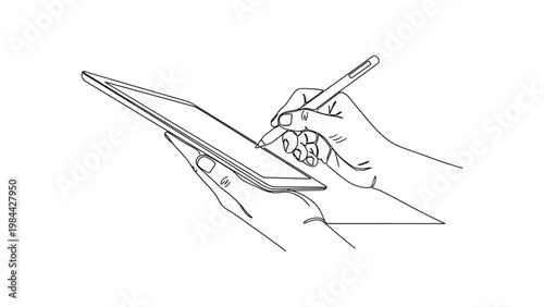 Hand holding pencil on tablet device. Continuous line style. Hand drawn. Line art. Vector design. illustration