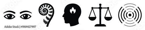 Striking black silhouette symbols depicting human perception, natural growth, mindful intelligence, balanced justice, and clear communication, perfectly suited for educational and