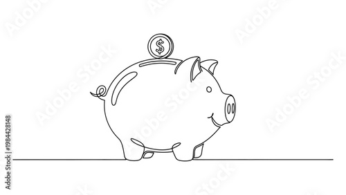 A piggy bank with a coin on top. Continuous line style. Hand drawn. Line art. Vector design. illustration