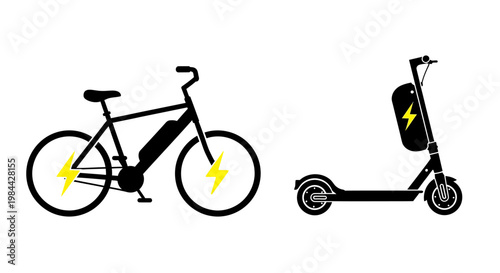 Sleek electric bicycle and scooter icons, representing the essence of modern urban micro-mobility and sustainable personal transportation solutions for an eco-conscious lifestyle