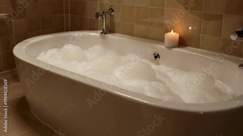 White bathtub full of soap foam bubbles with a candle
