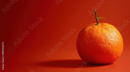 An orange with vivid texture and green stem placed on pure red background with soft shadow and side lighting.