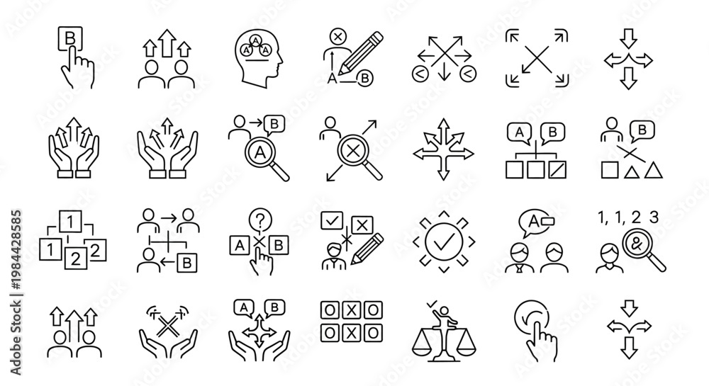 Naklejka premium Business Strategy and Planning Icons Decision Making, Process Flow, and Problem Solving