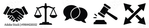 Collection of black glyph icons representing legal principles business agreements discussion resolution and strategic decision making processes for professional services and communication