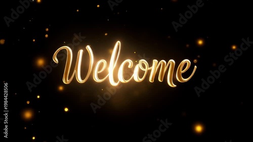 Welcome golden calligraphy text with glitter and bokeh lights
