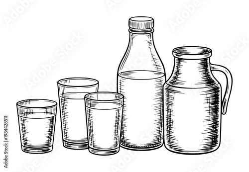 Hand Drawn of Milk Bottles Glasses and Jug White Background drink beverage