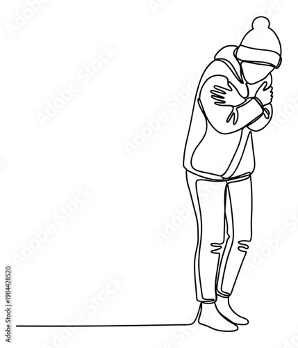 Continuous line drawing of a person feeling cold and hugging themselves for warmth, suitable for articles about winter, health, or emotional states