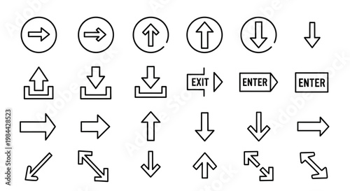 Set of simple line icons representing various directional and action arrows, including navigation, movement, and functional symbols for user interfaces and design