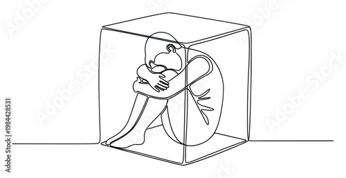 Minimalist continuous line drawing of a person sitting in a closed cube, expressing themes of emotional isolation, sadness, and psychological confinement for health campaigns.