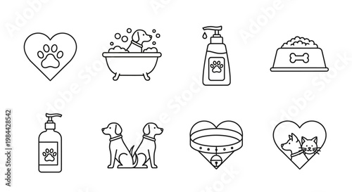 Collection of pet care icons including a paw print in a heart, dog bathing, shampoo, food bowl, collar, and two dogs in silhouette, symbolizing love and grooming for pets