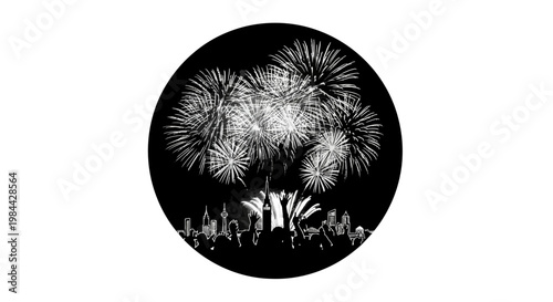 Fireworks Display Over A Cityscape At Night.