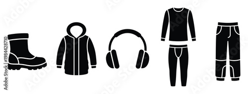 Winter clothing and outdoor gear collection featuring insulated boots hooded jacket headphones thermal underwear and snow pants for cold weather activities and sports protection