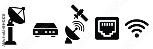 Collection of communication and network technology icons including satellite dish, modem, ethernet port, and wifi signal for web applications and digital infographics