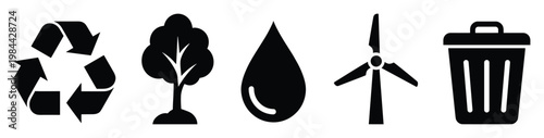 Essential environmental vector icons featuring recycling, a natural tree, a water droplet, clean wind energy, and a waste bin, ideal for sustainability and ecofriendly graphic resources.