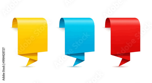 Colorful folded ribbon banners set in yellow, blue, and red, designed as modern graphic elements for advertising, special offers, labels, price tags, or informational displays