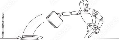 Single one line drawing robot throws briefcase into hole. Future technology development. Artificial intelligence and machine learning processes. one line icon drawing vector