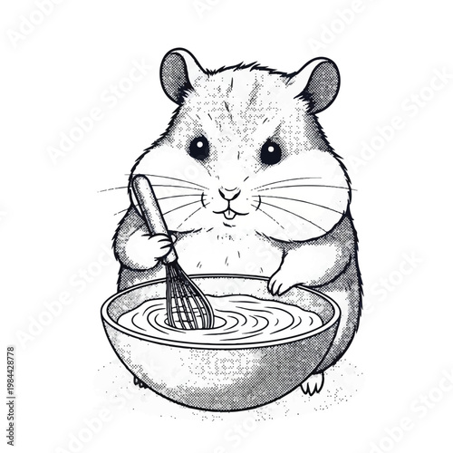 Cute hamster holding whisk in bowl.