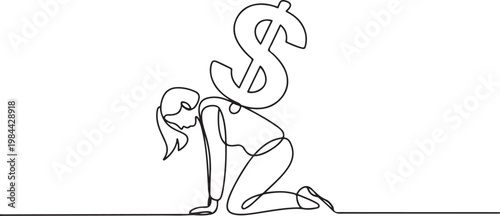 Single one line drawing unhappy businesswoman under heavy dollar symbol burden. Overworked or overloaded worker due to economic crisis, debt pressure. one line icon drawing vector