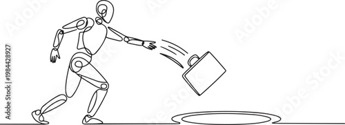 Single one line drawing robot throws briefcase into hole. Future technology development. Artificial intelligence and machine learning processes. one line icon drawing vector
