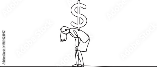 Single one line drawing unhappy businesswoman under heavy dollar symbol burden. Overworked or overloaded worker due to economic crisis, debt pressure. one line icon drawing vector